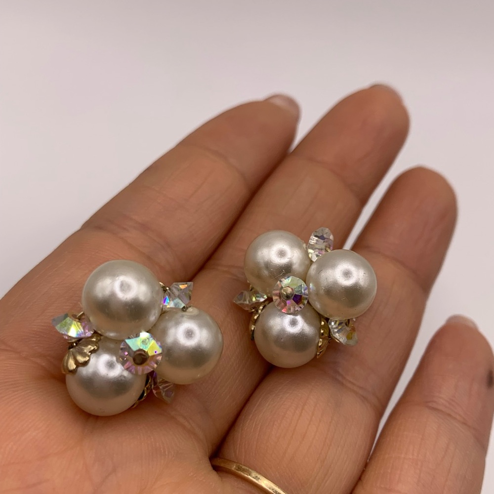 Sherman Pearl and Crystal Cluster Earrings for Christmas - Picture 3 of 6